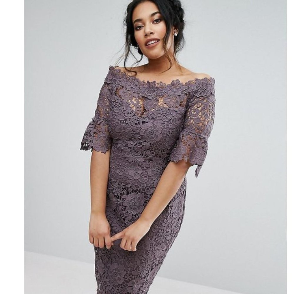 NWT Paper Dolls bardot crochet dress with fluted sleeves